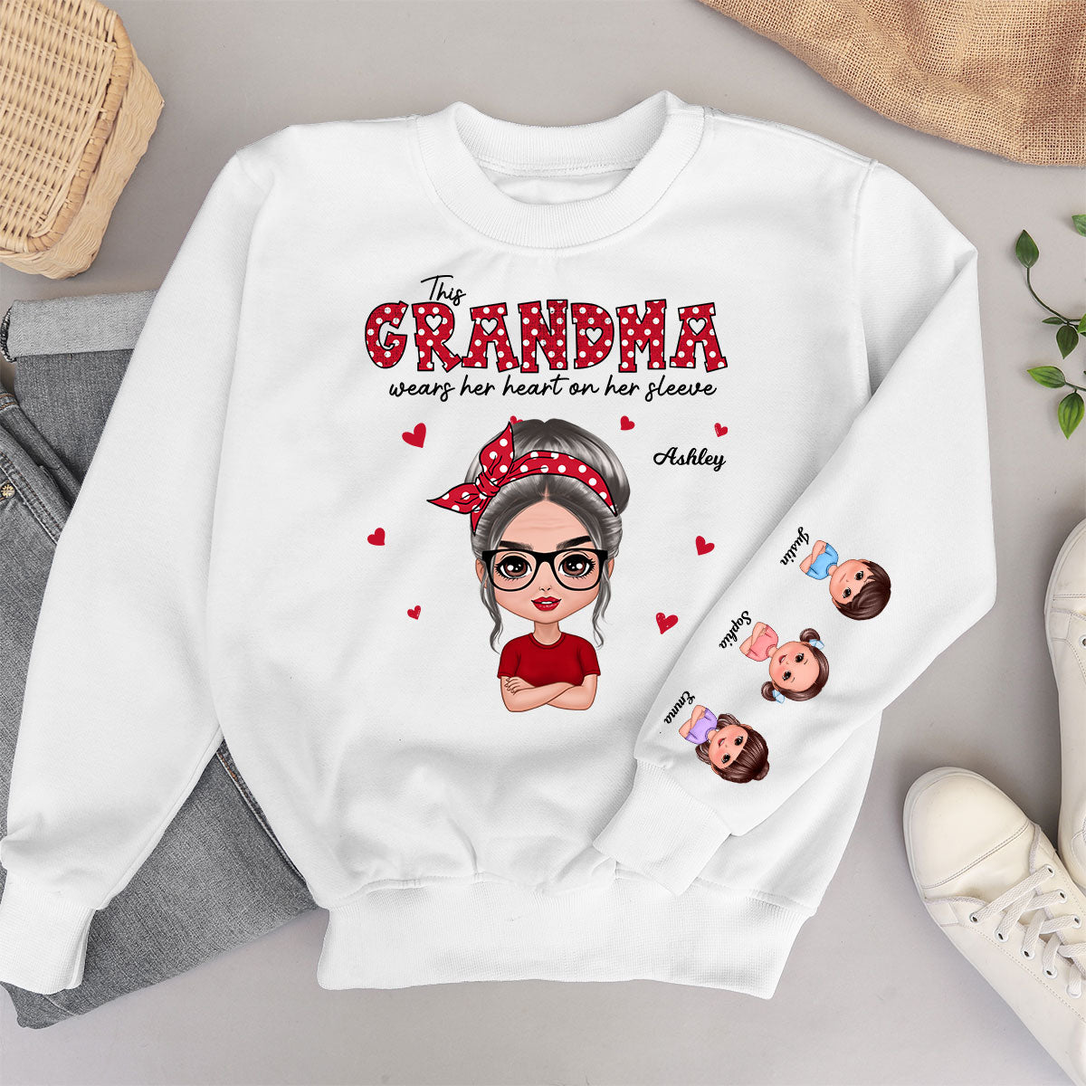 This Grandma Wears Her Heart On Her Sleeve Polka Dot Pattern Personalized Sleeve Printed Sweatshirt