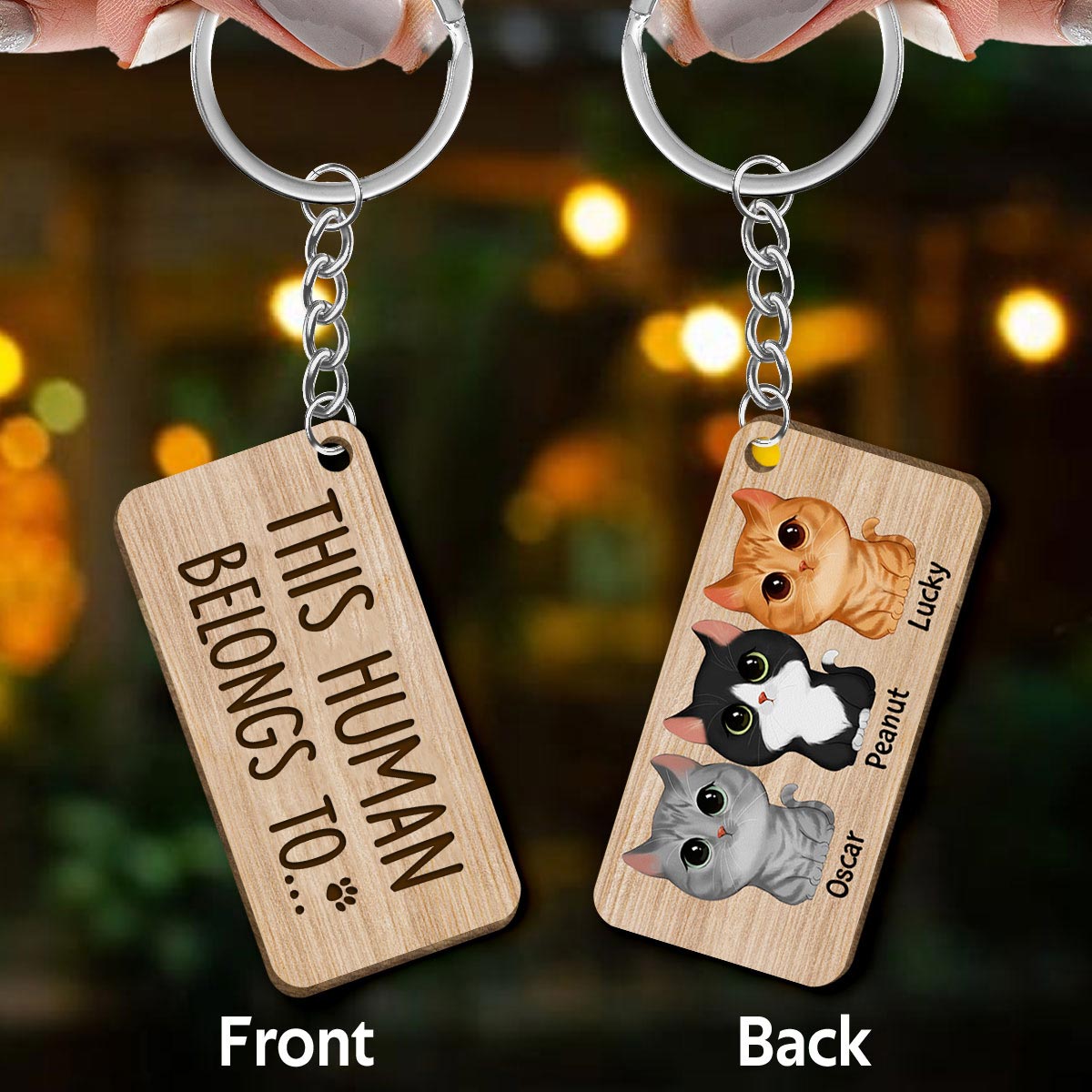 This Humans Belongs To Watercolor Cute Cats Personalized Wooden Keychain