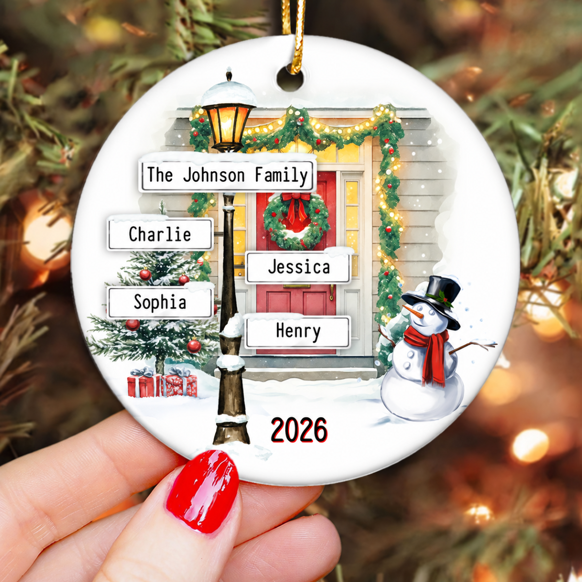 Family Christmas Street Lamp Directional Signs Personalized Ceramic Ornament, Christmas Gift For Family