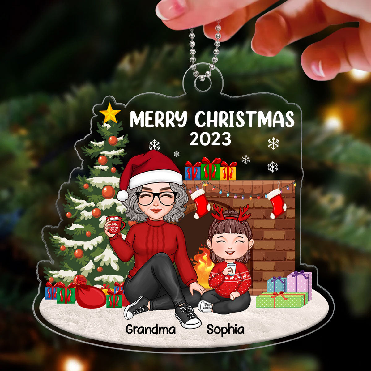 Merry Christmas Cute Grandma & Grandkid Sitting At Fireplace Personalized Acrylic Ornament