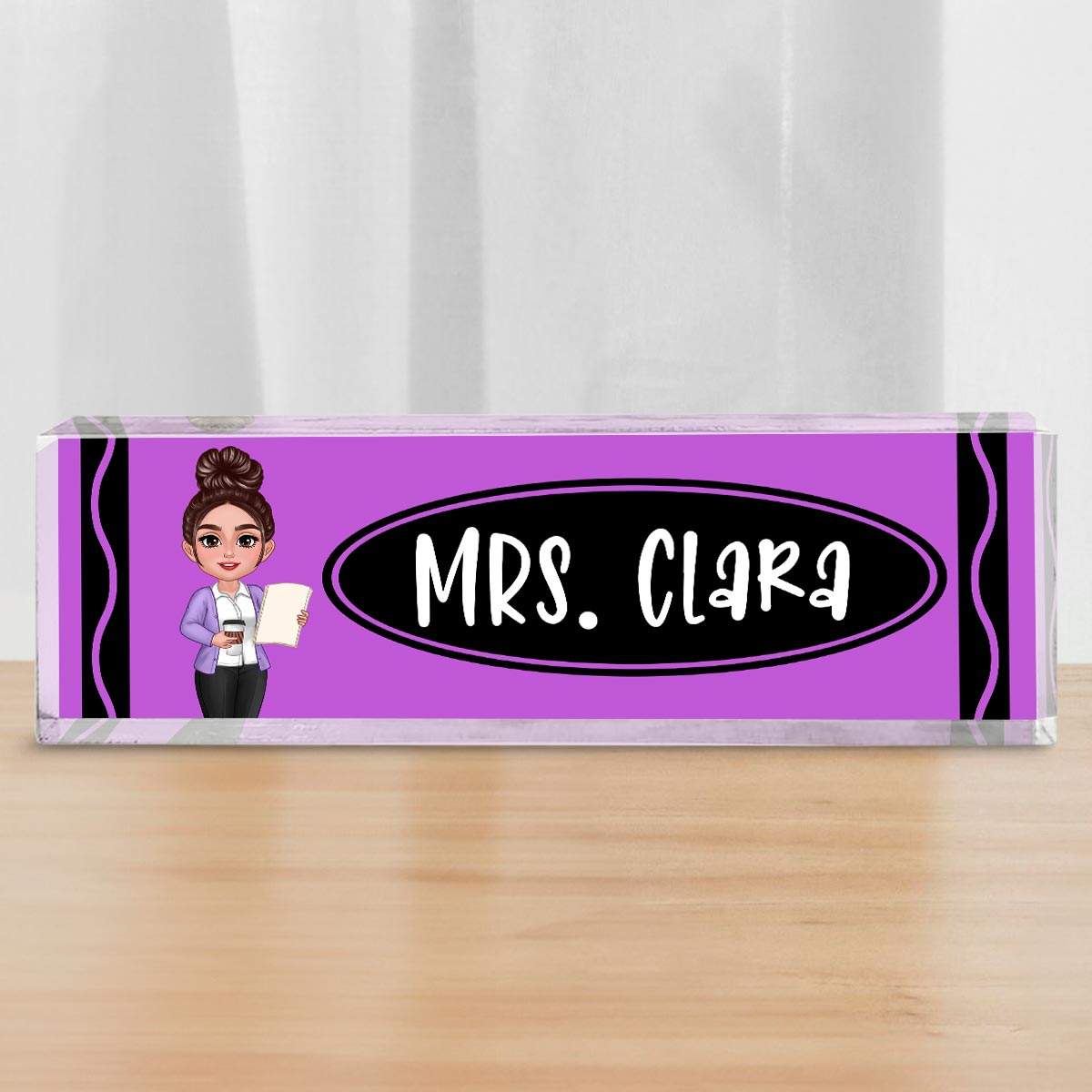 Teacher Crayon Pattern Personalized Acrylic Desk Name Plate, Back To School Gift For Teacher