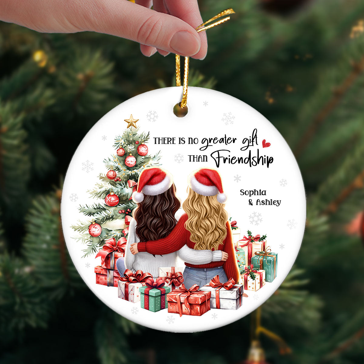 Personalized Christmas Ornament – Besties Sisters by the Tree with Festive Gifts and Holiday Cheer