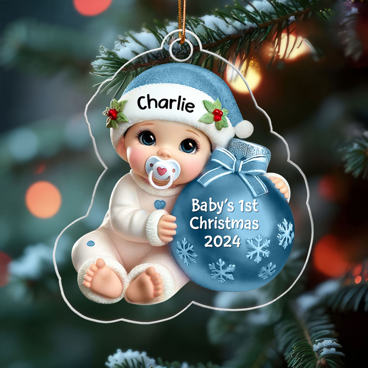 Baby Beside Christmas Bauble 3D Effect Baby's First Christmas Personalized Acrylic Flat Ornament