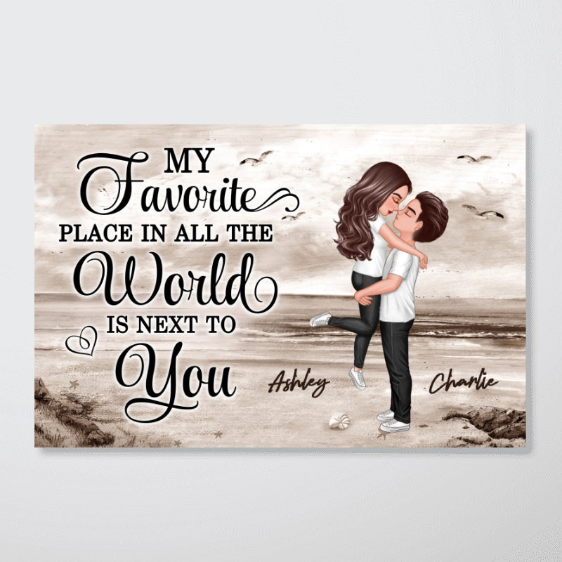 Retro Vintage Couple Hugging Kissing Beach Landscape Personalized Horizontal Poster