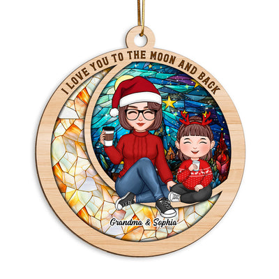 Love You To The Moon Cute Grandma Grandkid On Colorful Moon Personalized Wooden Ornament