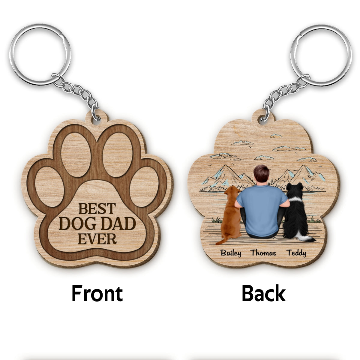 No. 1 Dog Dad Back View Sitting Man & Dog Personalized Paw Shaped Wooden Keychain