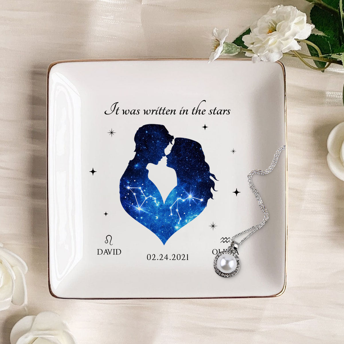 It Was Written In The Stars Hugging Couple Personalized Zodiac Constellation Jewelry Dish, Gift For Bride and Groom, Bridal Shower Gift, Anniversary Gift, Engagement Gift