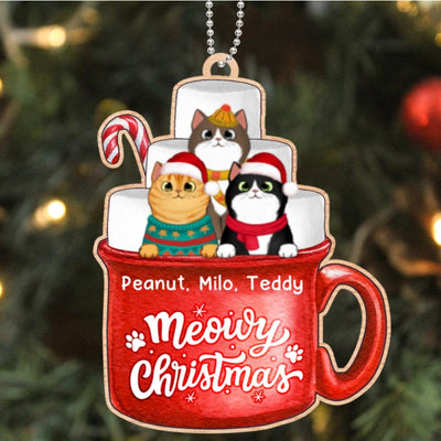 Christmas Fluffy Cats In Hot Cocoa Marshmallow Cup Personalized Wooden Ornament