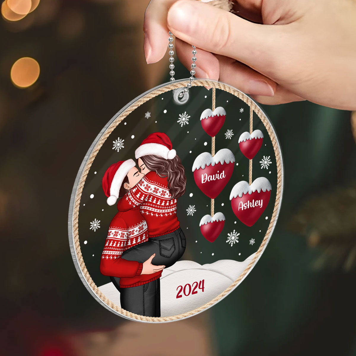 Couple Heartstring Hugging Kissing Personalized Acrylic Ornament, Christmas gift for him, for her