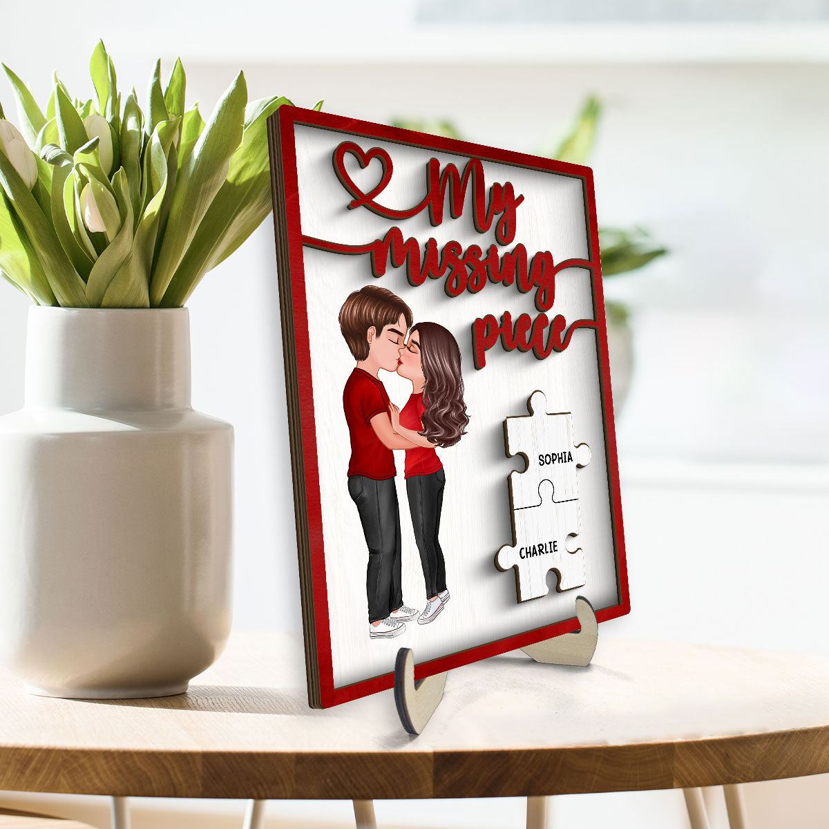 My Missing Piece Couple Kissing Red Themed Valentine‘s Day Gift For Her Gift For Him Personalized 2-Layer Wooden Plaque