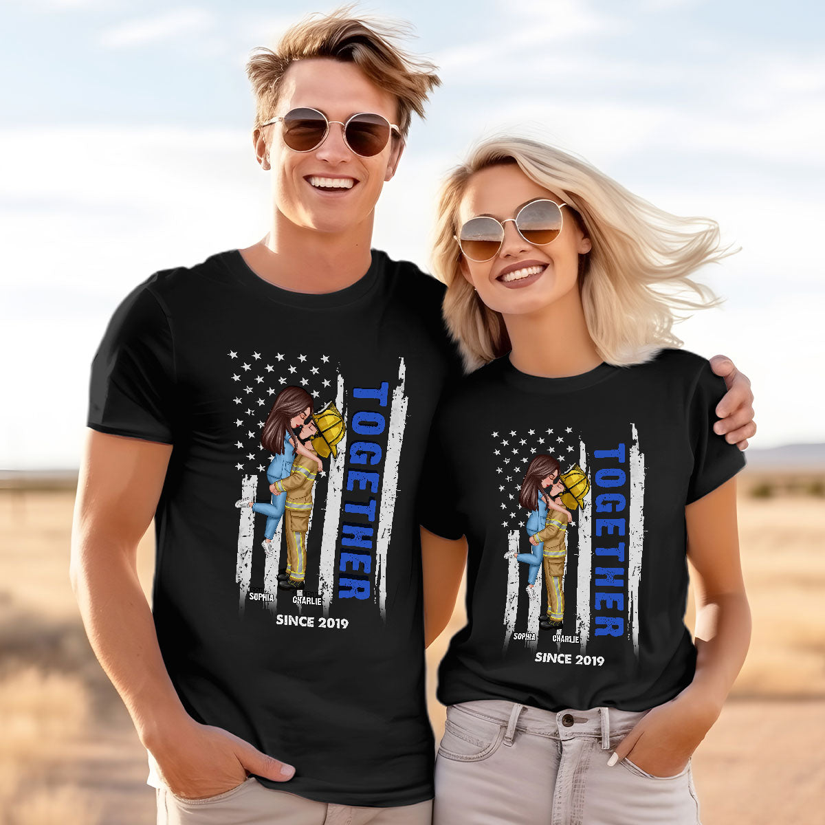 Hero Couple Together Since Flag Gifts by Occupation Gift For Her Gift For Him Firefighter, Nurse, Police Officer Personalized Matching Shirts