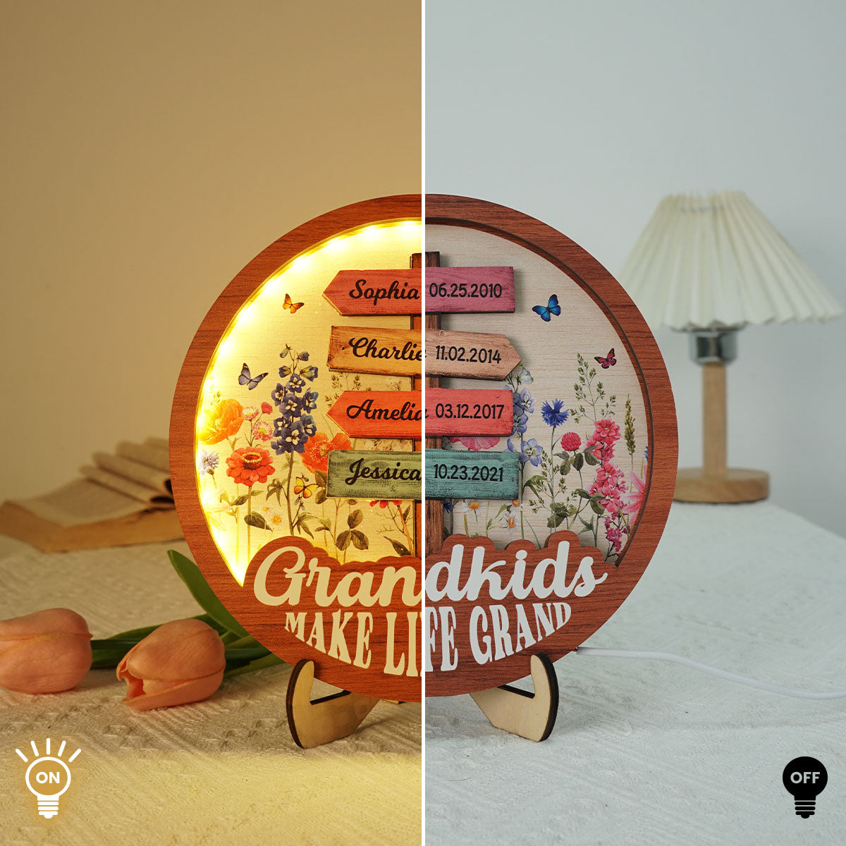 Grandma Flower Garden Grandkids Names Sign Personalized 3-Layer Wooden Plaque With LED, Gift for Mom, for Grandma