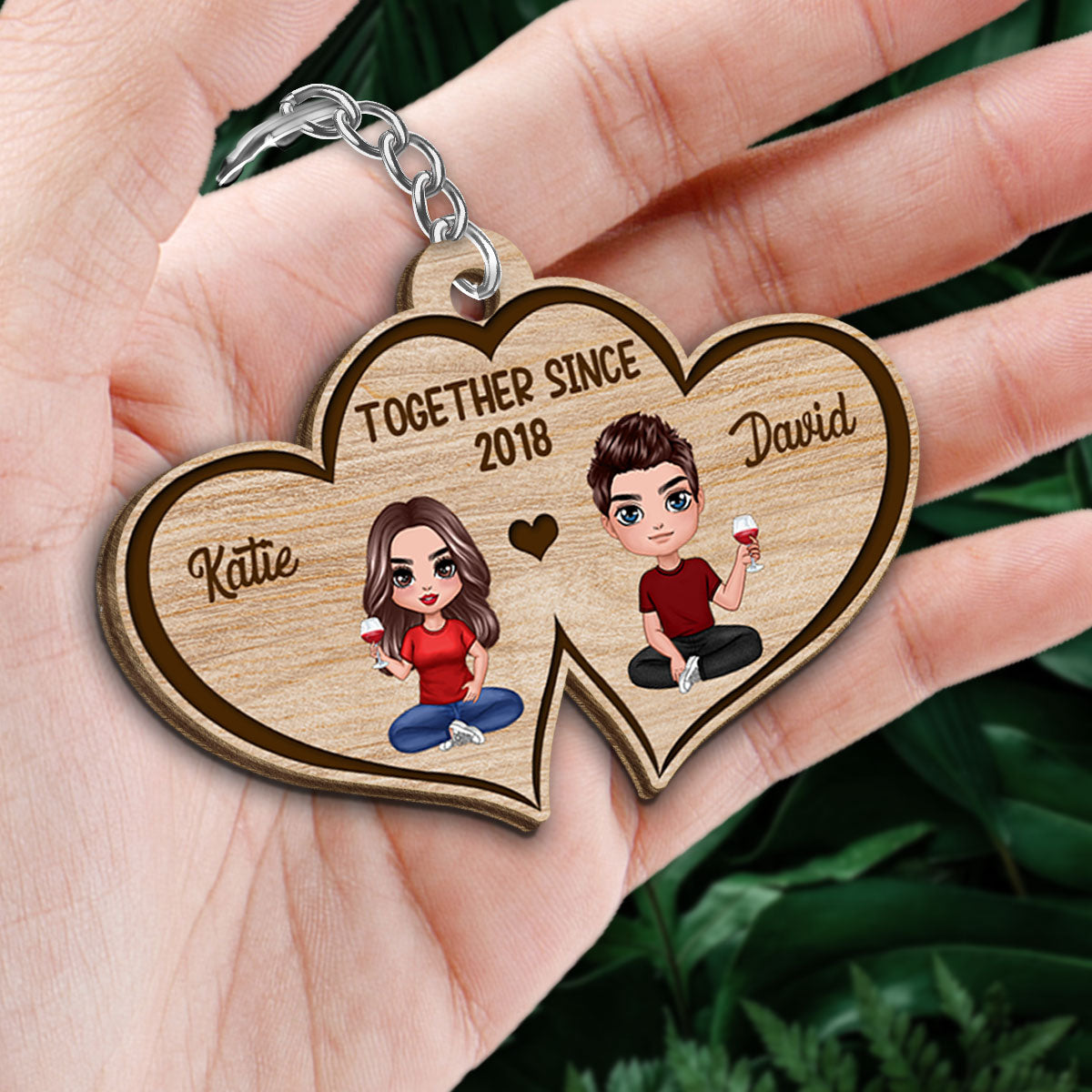 Double Heart Couple Personalized Wooden Keychain