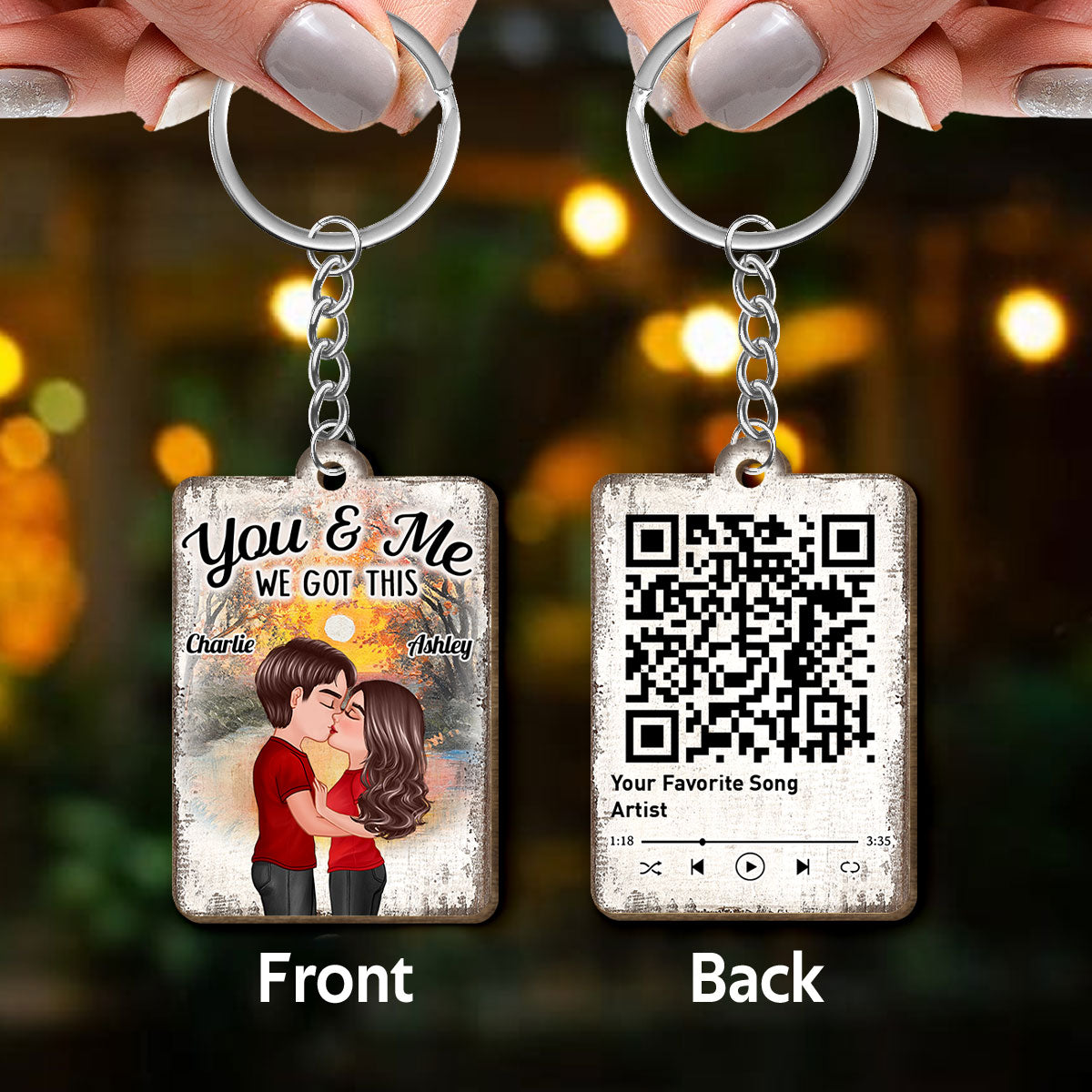 Doll Couple Kissing Sunset Forest Favorite Song QR Code Personalized Wooden Keychain