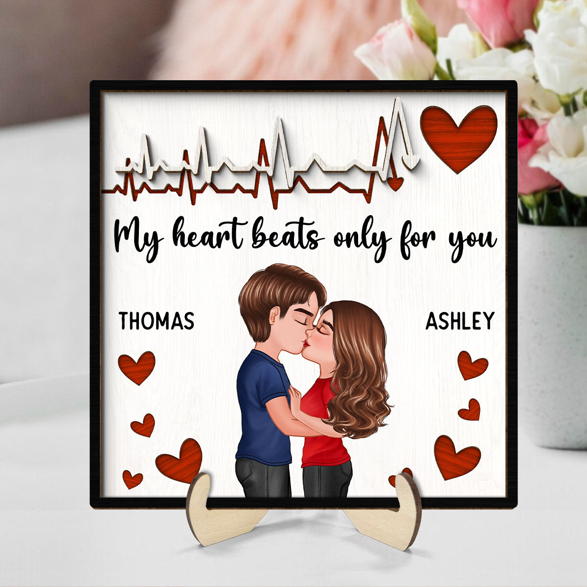 My Heart Beats Only For You Couple Hugging Kissing Valentine‘s Day Gift For Him For Her Personalized 2-Layer Wooden Plaque