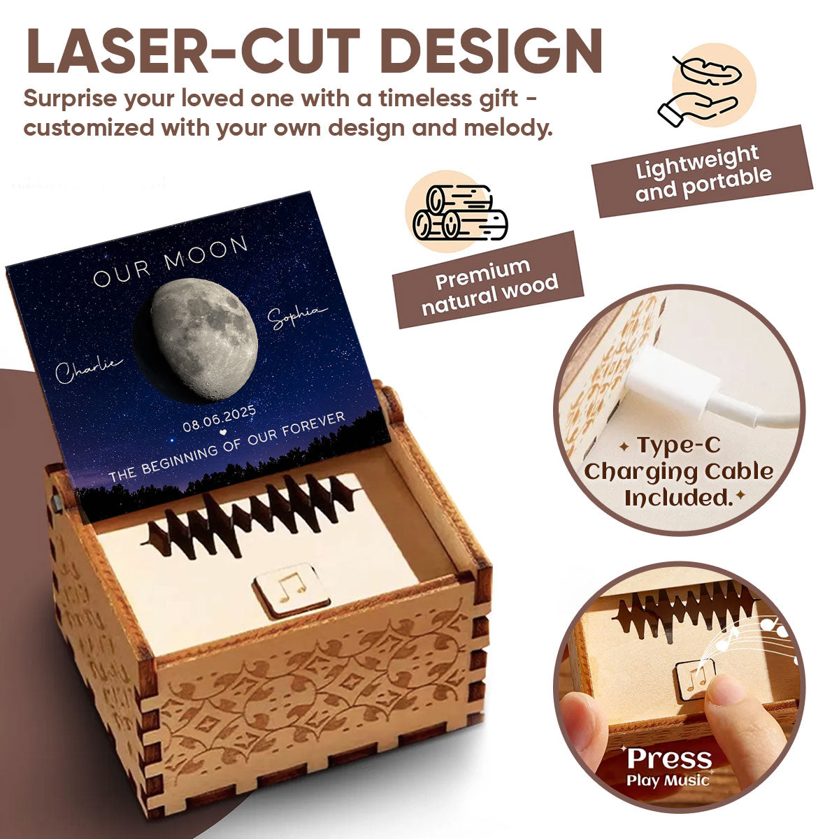 Our Moon Custom Moon Phase & Favorite Song - Personalized Wooden Music Box - Valentine's Day Gift For Him, Gift For Her