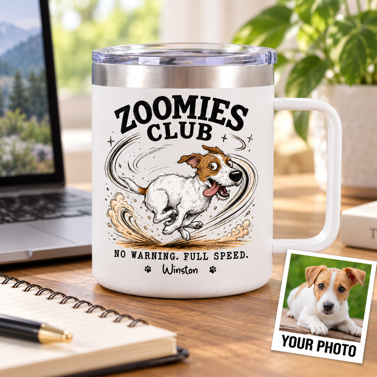 Zoomies Club Official Member Quirky Dog Portrait From Your Custom Pet Photo - Personalized Stainless Steel Tumbler With Handle - Funny Gift For Dog Cat Lover