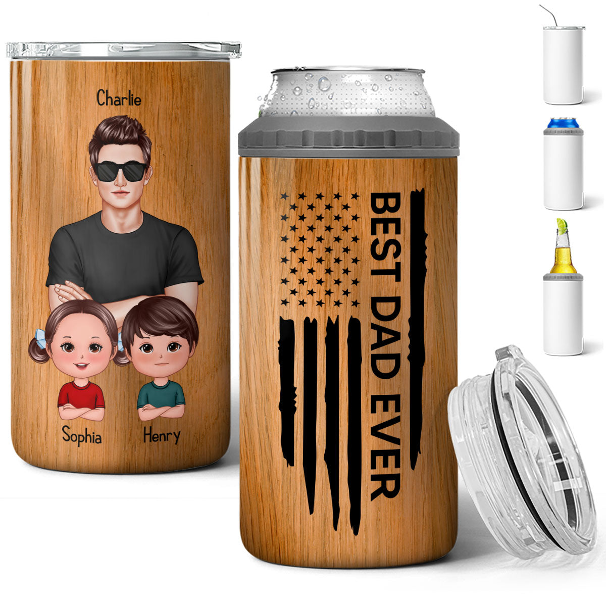 Best Dad Papa Grandpa Ever Man & Kids Nation Flag Father‘s Day Gift For Husband Father Figures Personalized 4 In 1 Can Cooler
