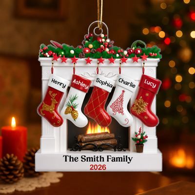 Fireplace Stocking Family Personalized Christmas Ornament, 3D Effect Ornament, Custom Family Name