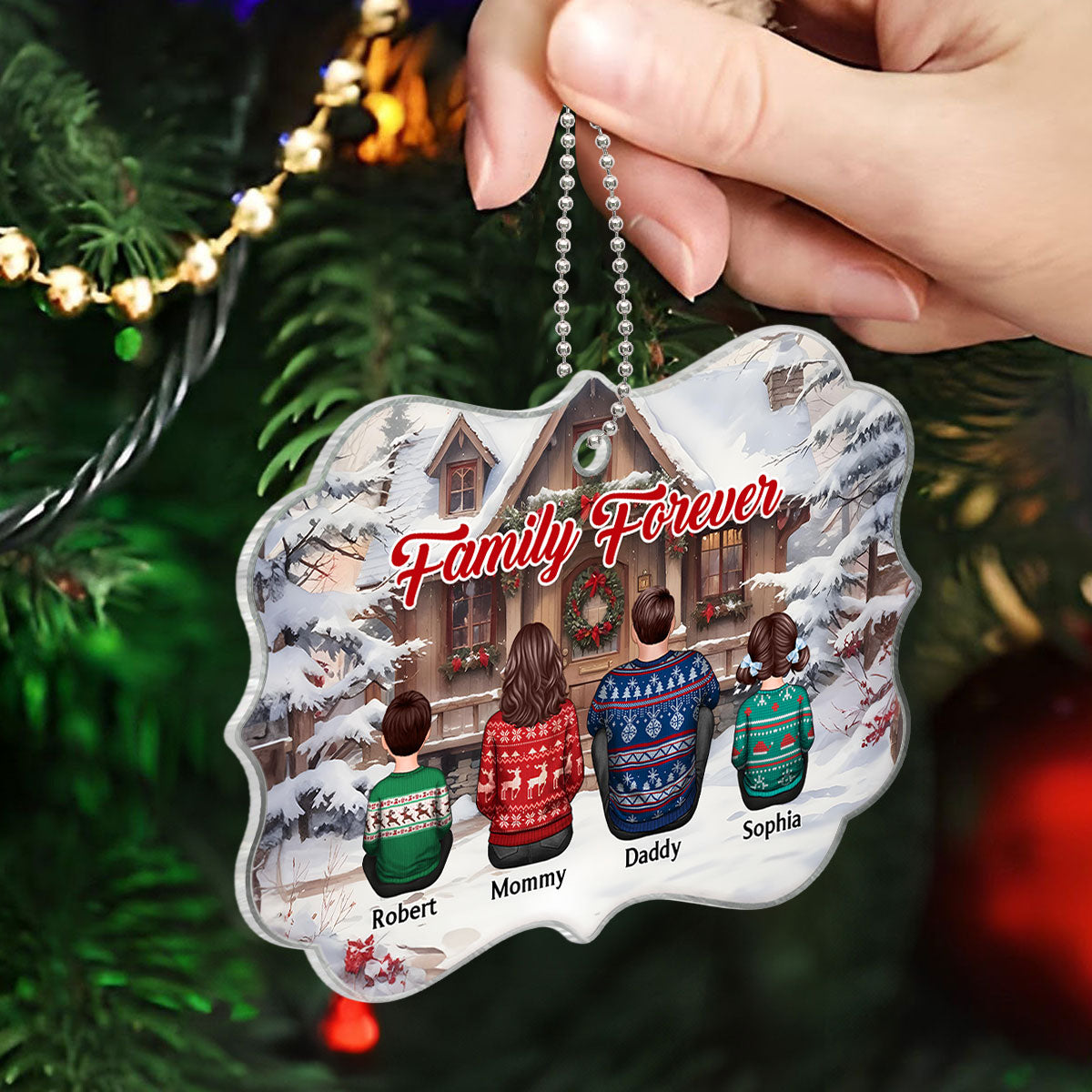 Snow House Back View Family Sitting Personalized Acrylic Ornament