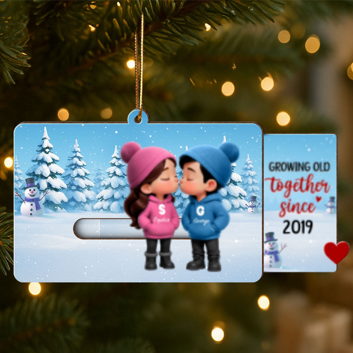 3D Effect Cartoon Couple Kissing - Personalized Slider Ornament - Christmas Gift For Him For Her