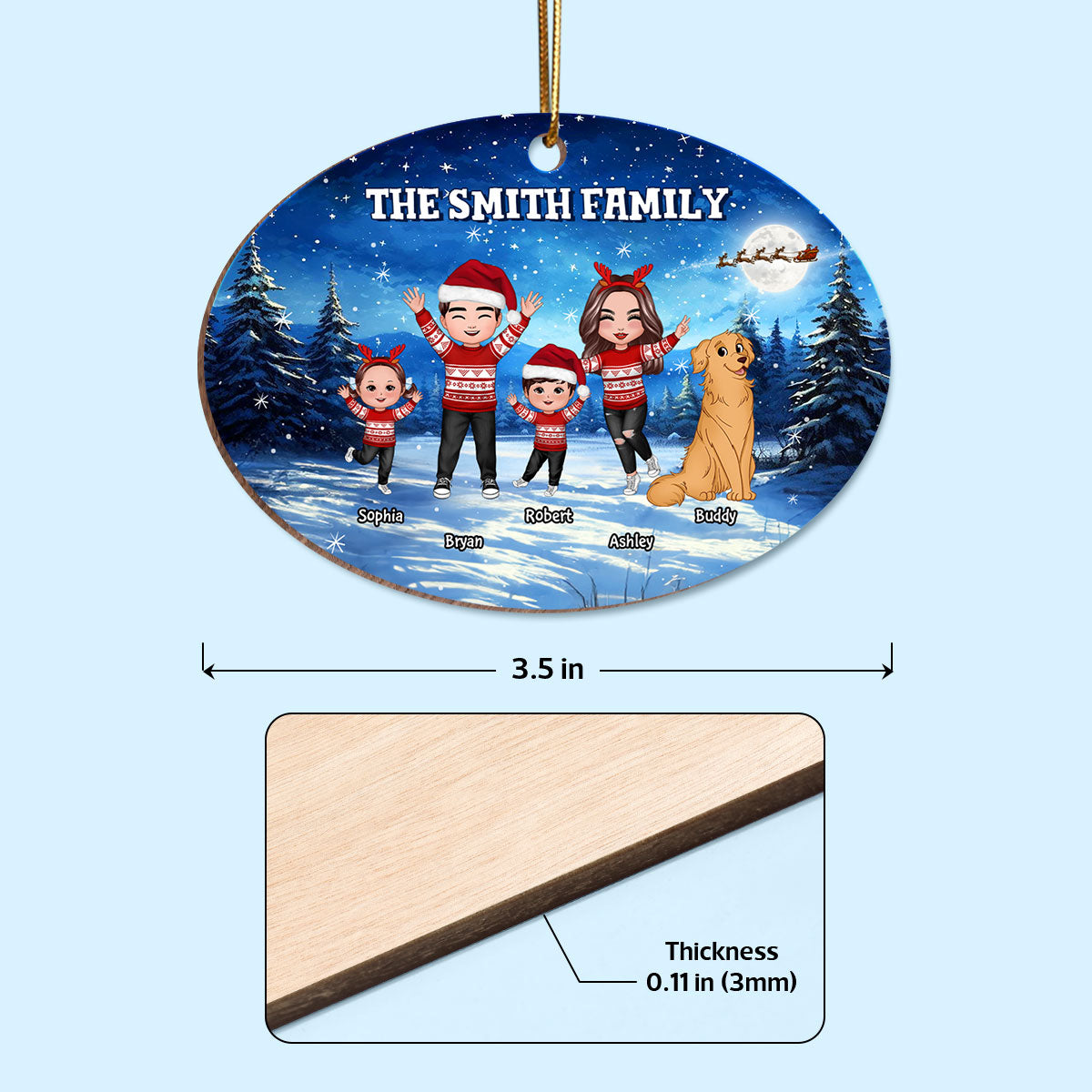 Happy Doll Family Dad Mom Kids Dogs Cats In Christmas Night Personalized Wooden Ornament