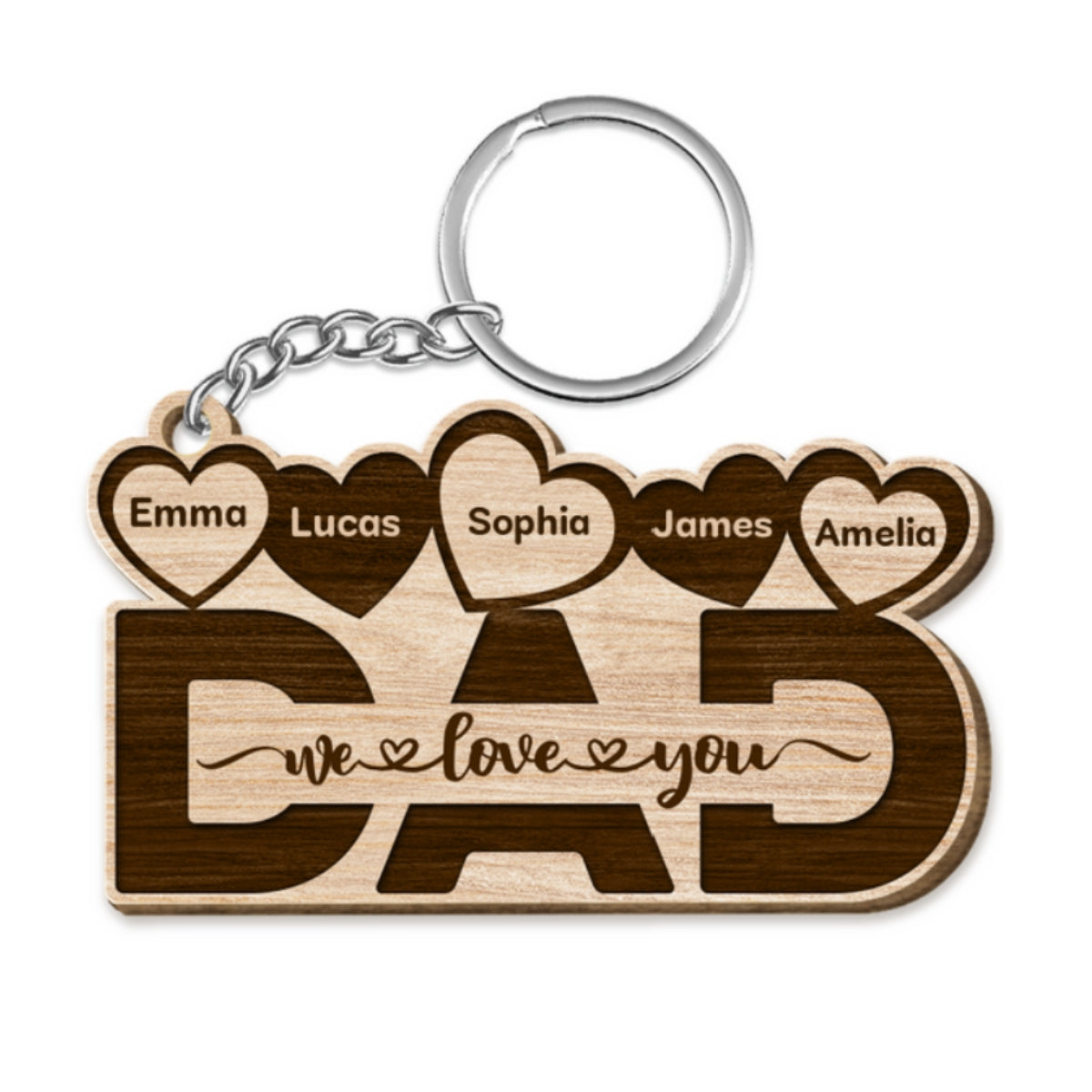 Dad We Love You Hearts Personalized Wooden Keychain