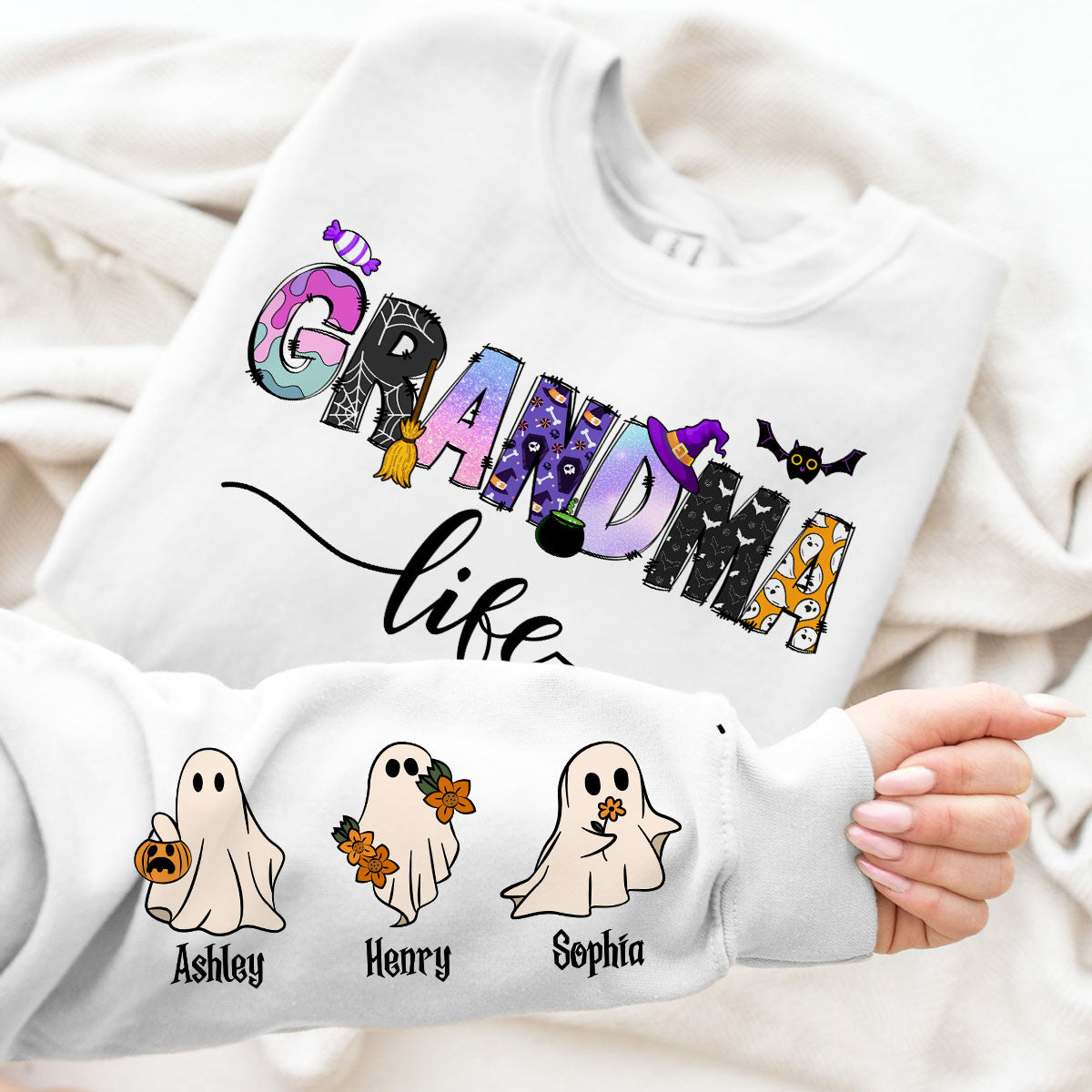 Halloween Grandma Nana Life Personalized Sleeve Printed Sweatshirt