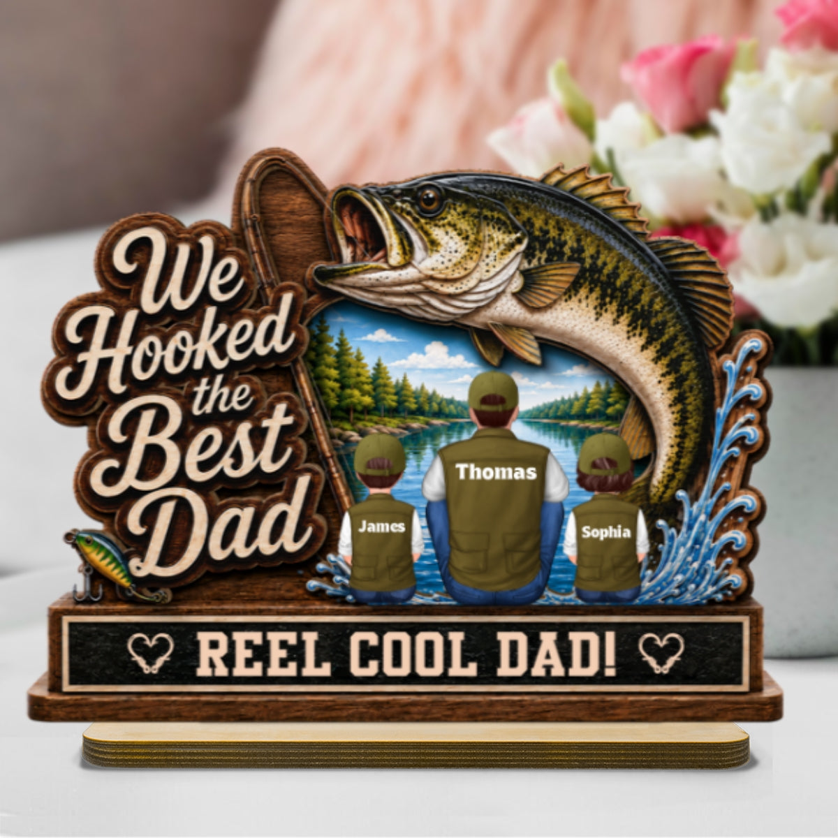We Hooked The Best Dad Grandpa Back View 2D Flat - Personalized 2-Layered Wooden Plaque - Father's Day Gift For Fishing Lovers