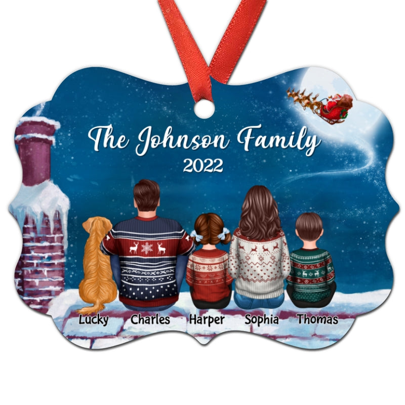 Family Couple Kid Dog Cat Back View On Roof Personalized Christmas Ornament