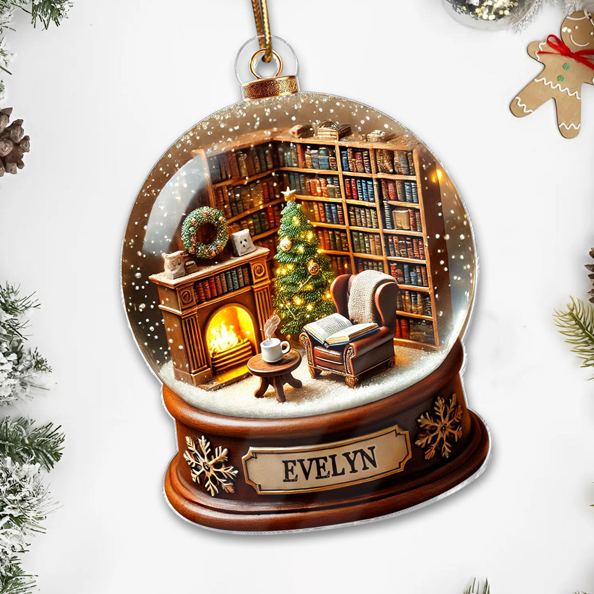 Book Lover Room 3D Effect Snow Globe Christmas Book Club Gift Book Reader Personalized Acrylic Flat Ornament
