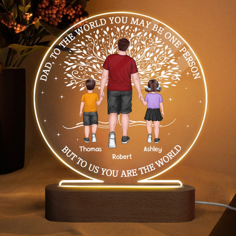 Dad And Kids Walking Under Tree Personalized Circle Acrylic LED Night Light