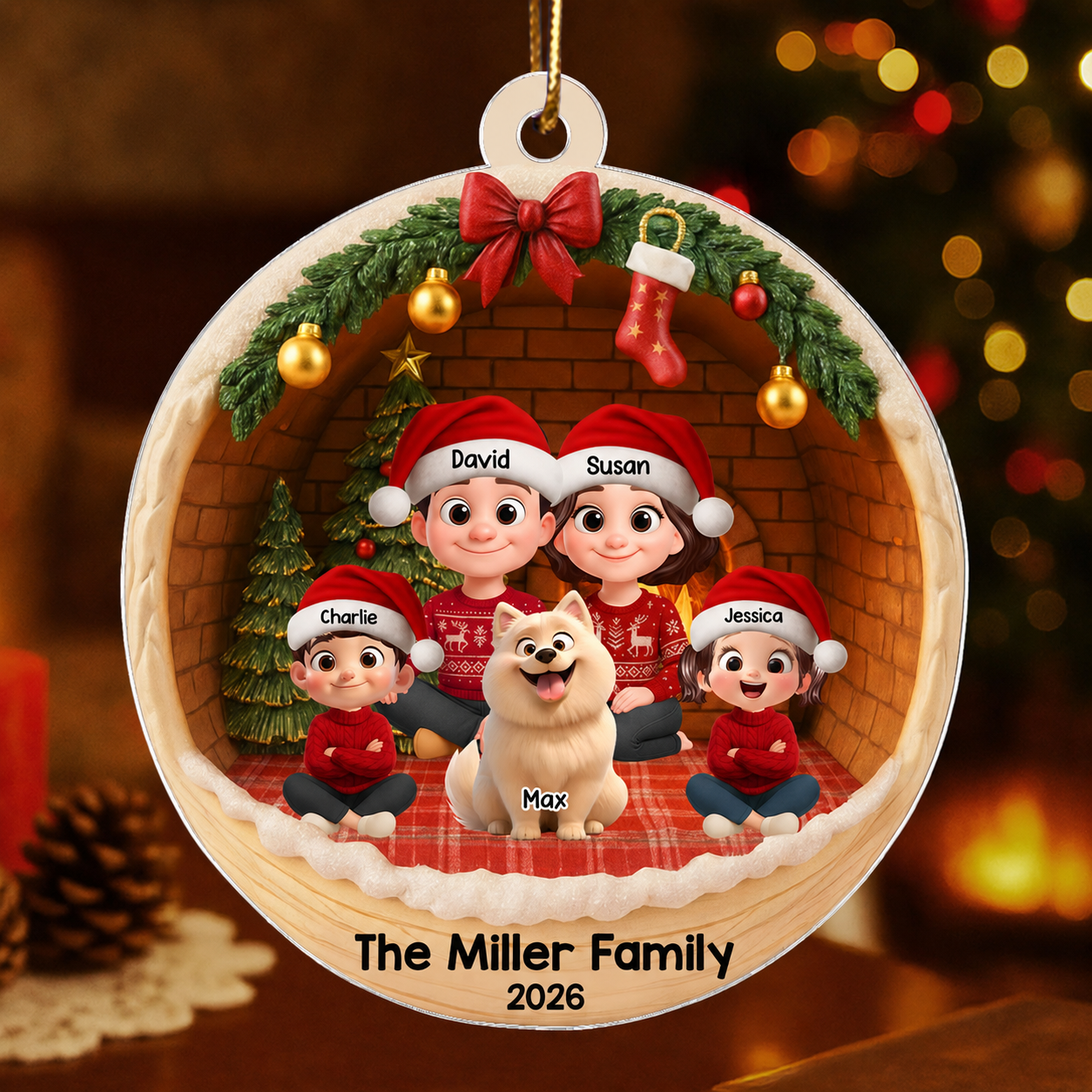 3D Cozy Vibe Family Sitting - Personalized Acrylic Ornament - Christmas Gift for Family