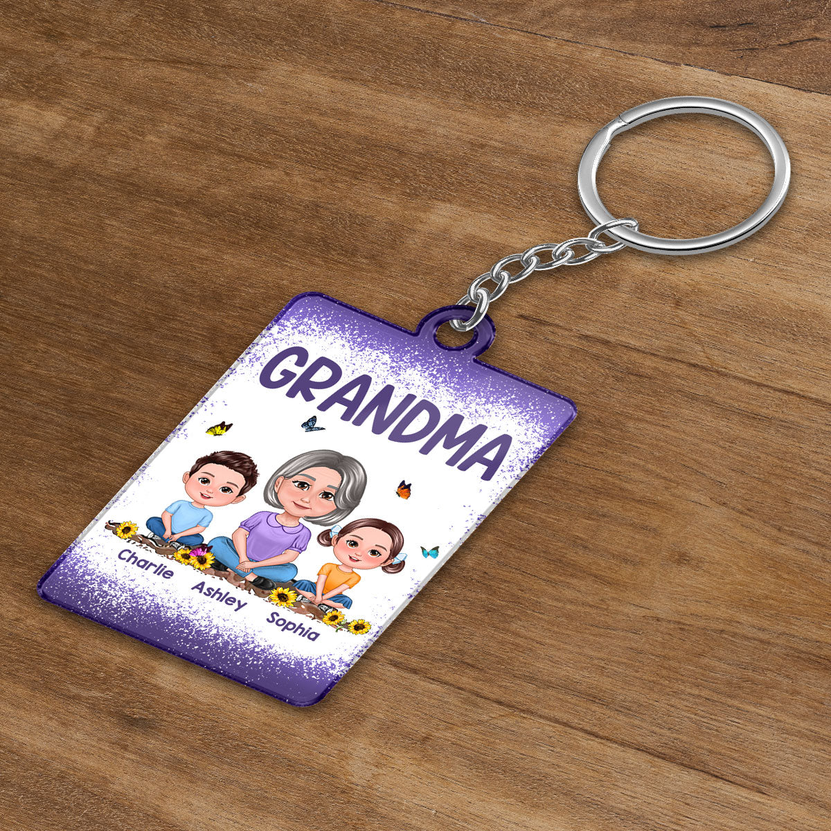 Purple Grandma Mom Kids Butterflies Personalized Acrylic Keychain