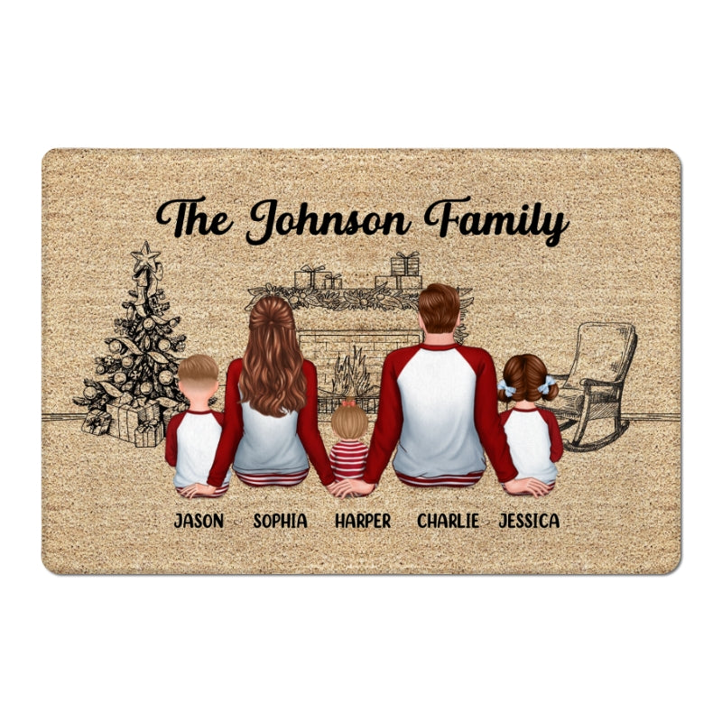 Pajamas Family Sitting At Fireplace Sketch Personalized Doormat