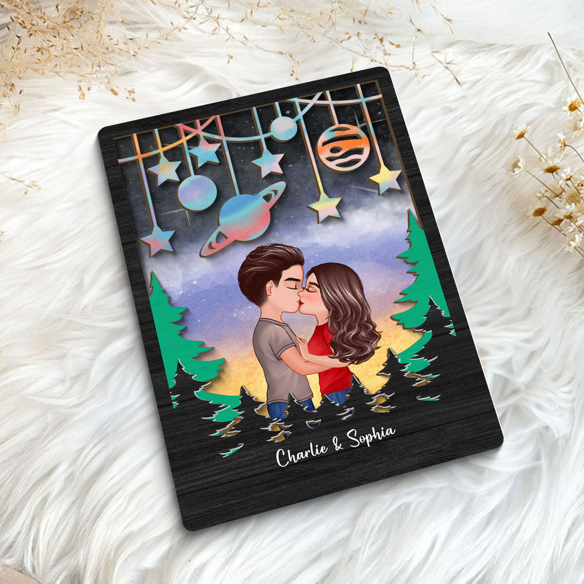 Couple Kissing Galaxy Theme  Gift For Him Gift For Her Personalized 2-layer Wooden Plaque