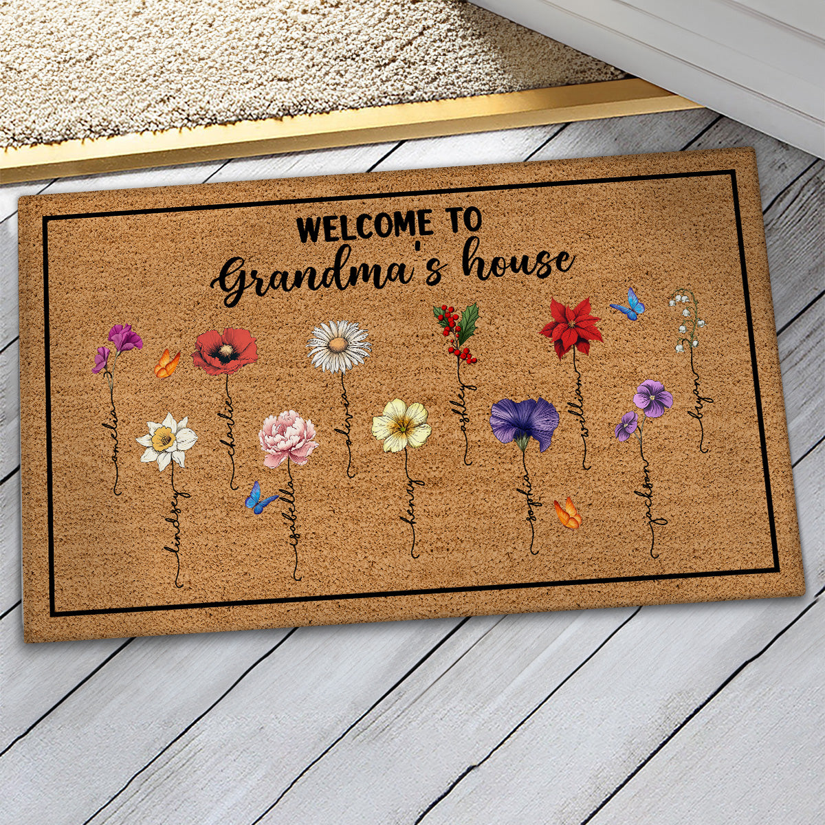 Welcome To Grandma‘s House Vintage Birth Flowers Personalized Doormat