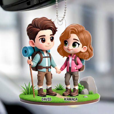 3D Effect Cute Cartoon Hiking Couple Personalized Acrylic Car Hanger, Rear View Mirror, Anniversary, Birthday Gift for him, for her