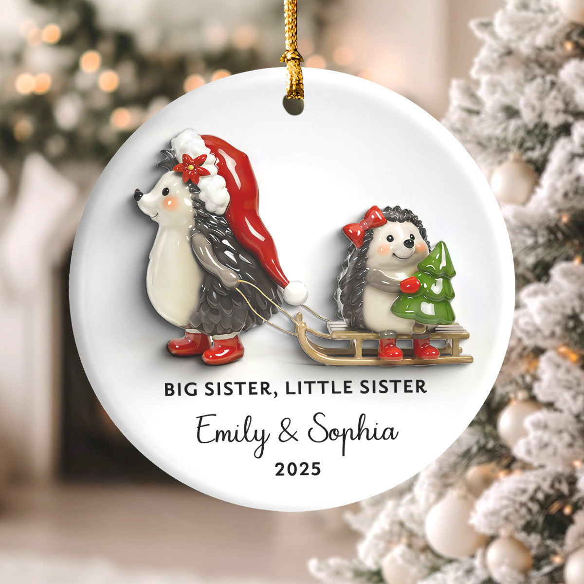 Big Sister Little Sister 3D Effect Cute Hedgehog - Personalized Ceramic Ornament - Proud New Big Sister Gift For Daughter, Granddaughter