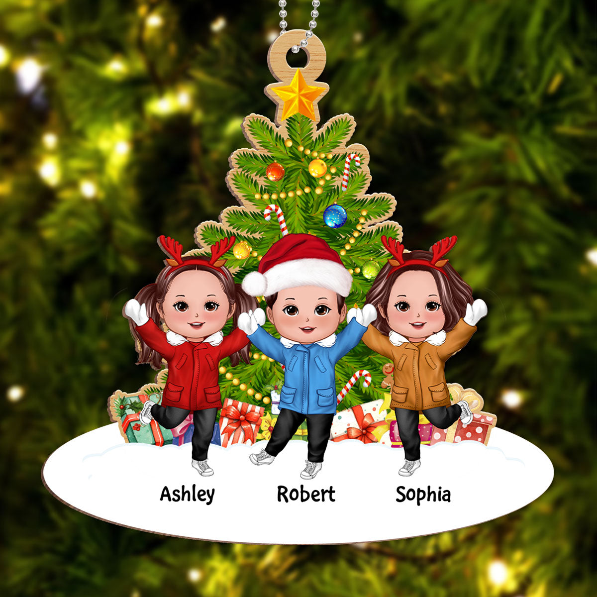 Merry Christmas Our Grandkids Happy Doll Kids In Snow Under Tree Personalized Wooden Ornament