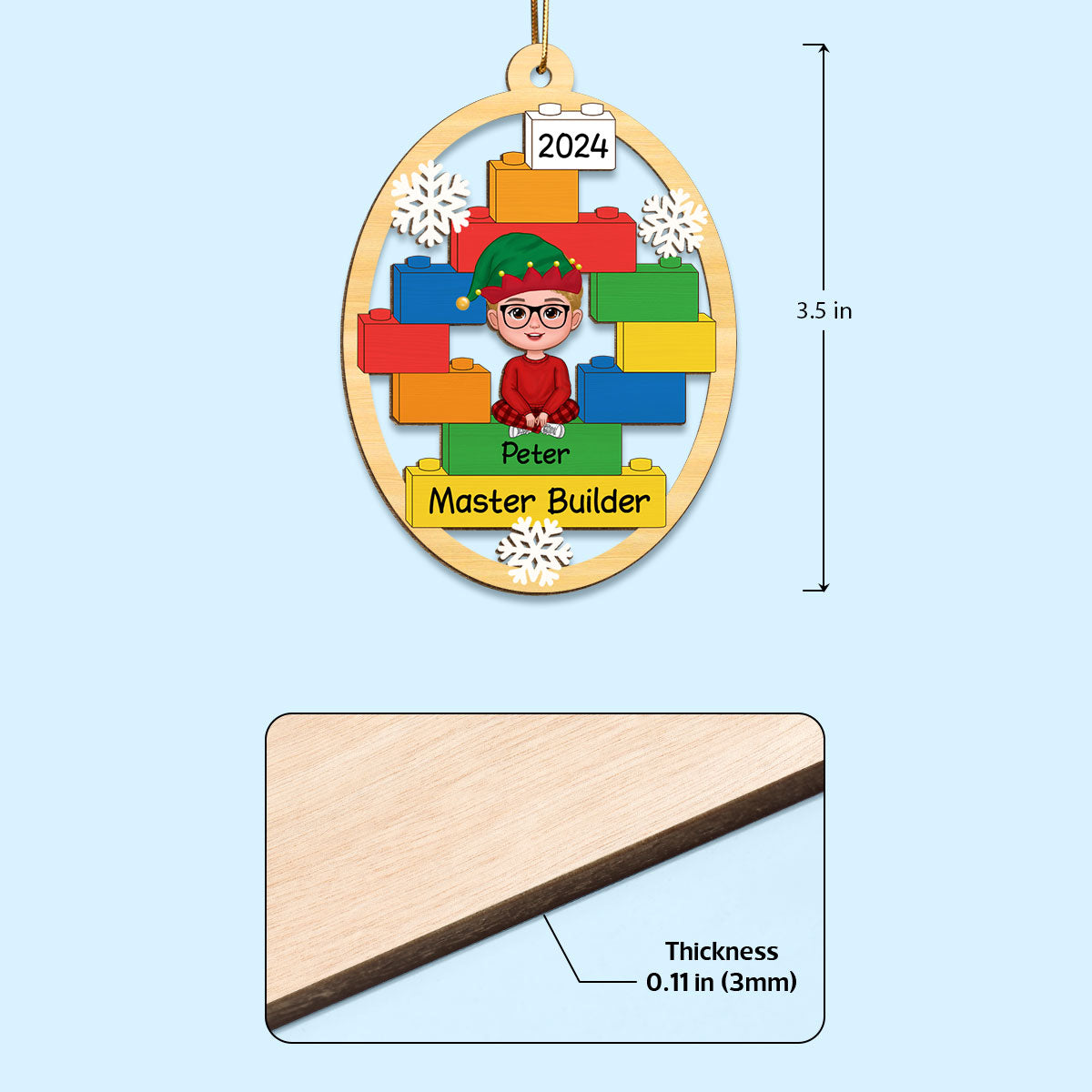 Master Builder Kid Boy Girl Personalized Christmas Wooden Ornament