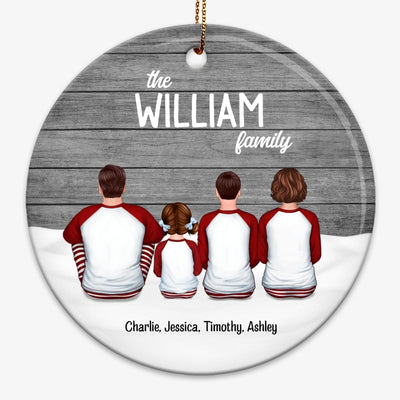Family Sitting With Dogs Cats Snow Wood Personalized Circle Ornament