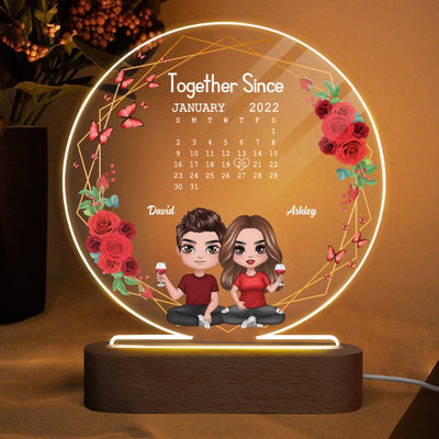 Red Flowers Butterflies Doll Couple Sitting Calendar Personalized Circle Plaque LED Night Light