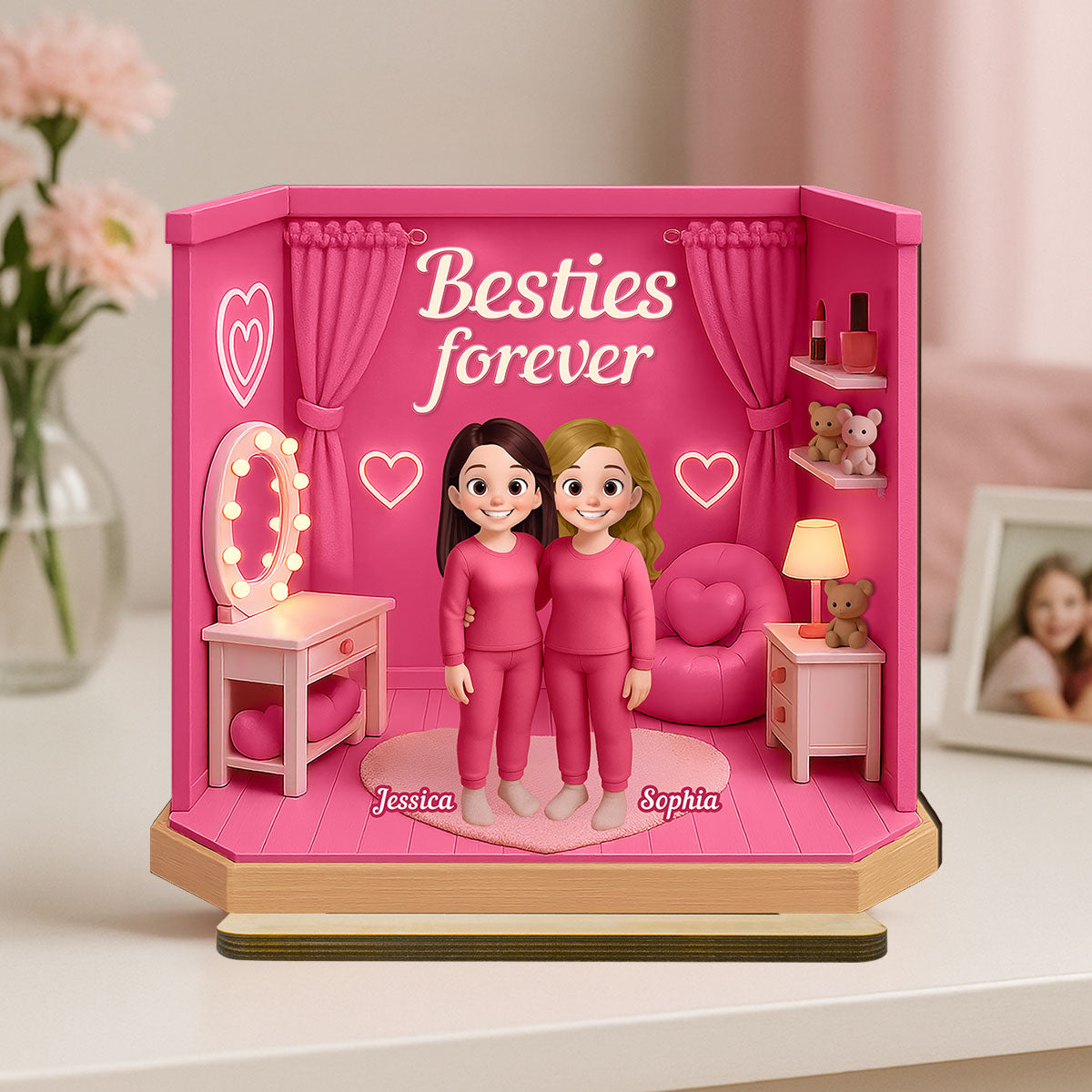 3D Effect Besties Pink Tone Dream Dollhouse Personalized Flat Standing Wooden Plaque