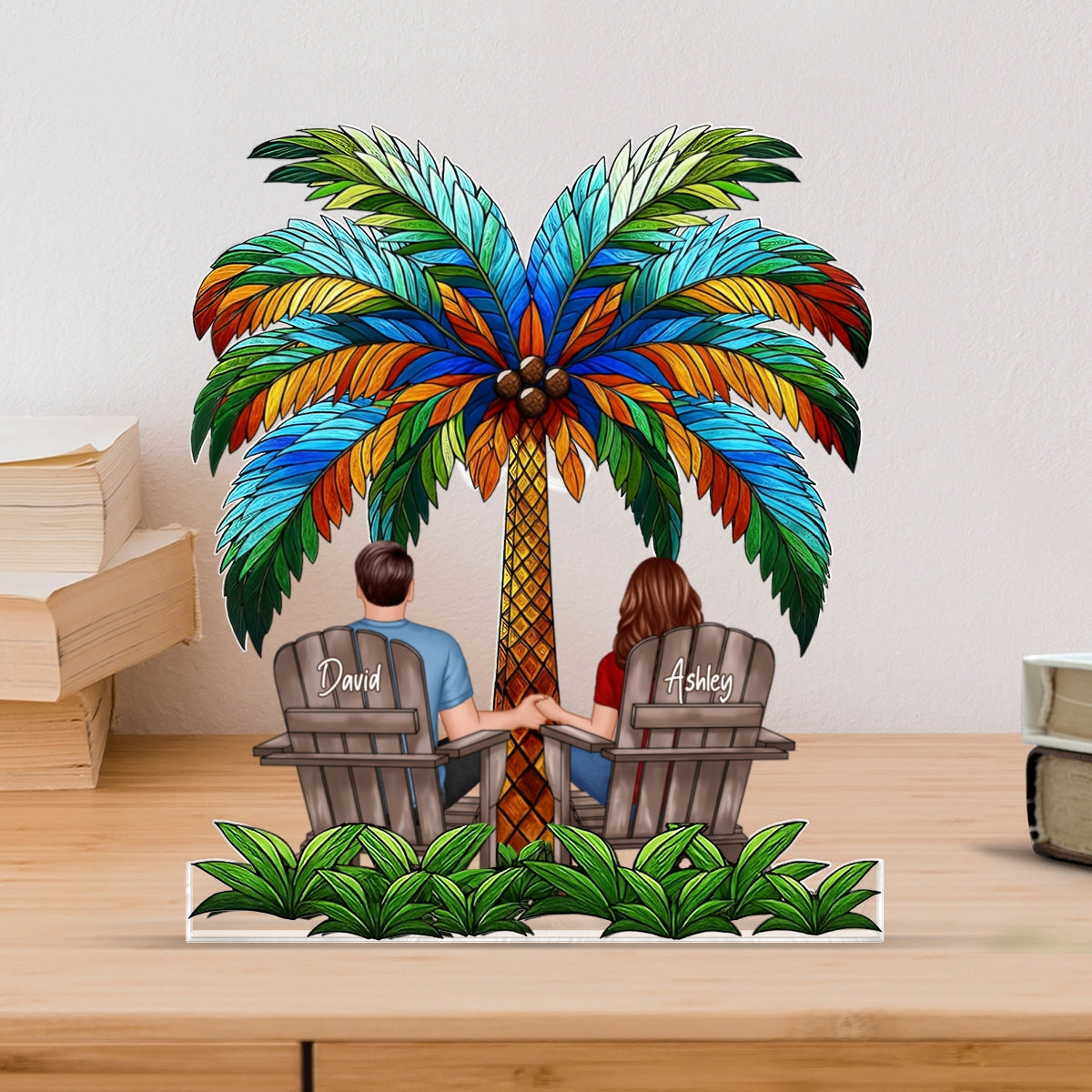 Couple Sitting Under Palm Tree Personalized Acrylic Block Plaque, Summer Decor, Gift for her, Gift for him