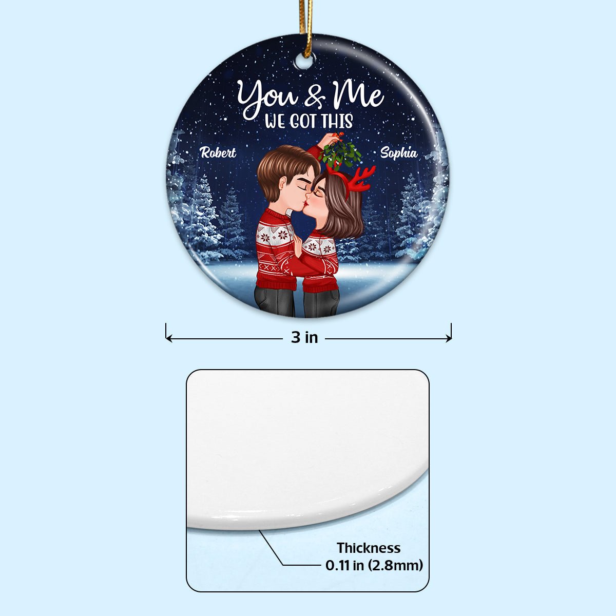 Couple Kissing Under Mistletoe Christmas Night Anniversary Date Calendar Personalized Double Sided Circle Ornament