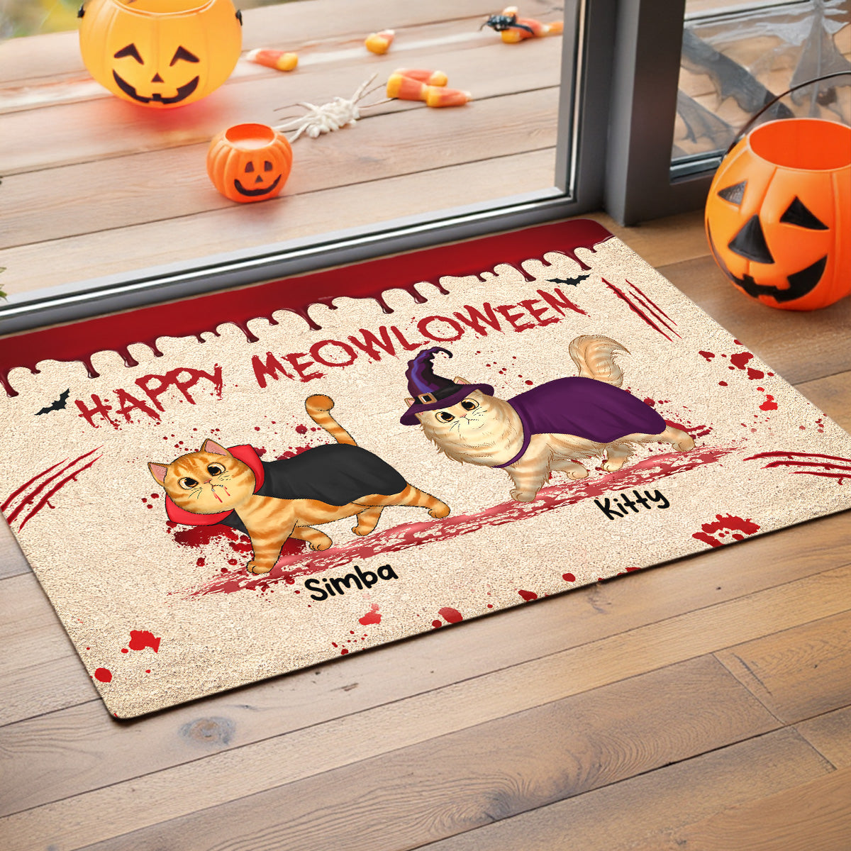 Happy Meowloween Spooky Walking Cat - Personalized Doormat