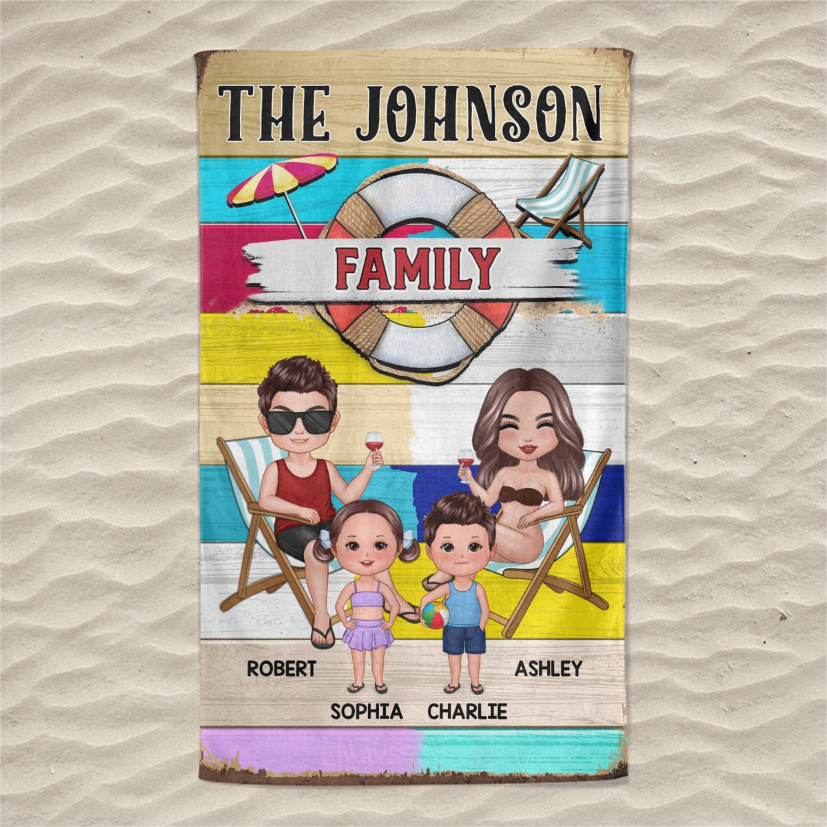 Family Colorful Stripe Personalized Beach Towel