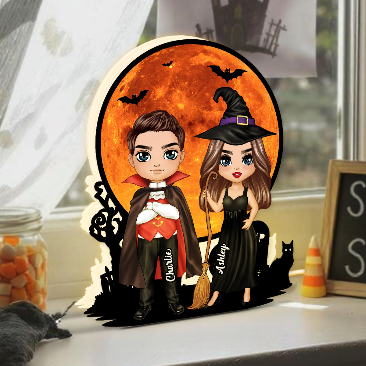 Couple Under Halloween Moon Tabletop Halloween Decor Personalized Light Box