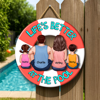 Family Sitting Back View Poolside Swimming Float Personalized 2-Layer Wood Sign